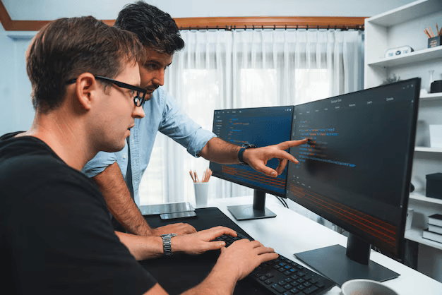 Software developers designing system architecture whiteboard