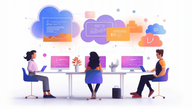 Software developers collaborating on cloud platform